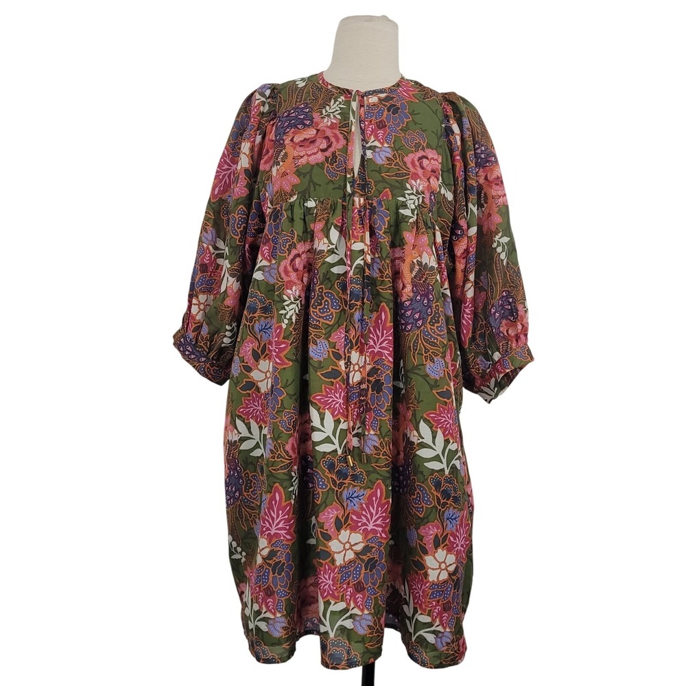 j marie Green Floral Peacock Babydoll‎ Mini Dress Sz S Puff Sleeve Pockets Vaca
